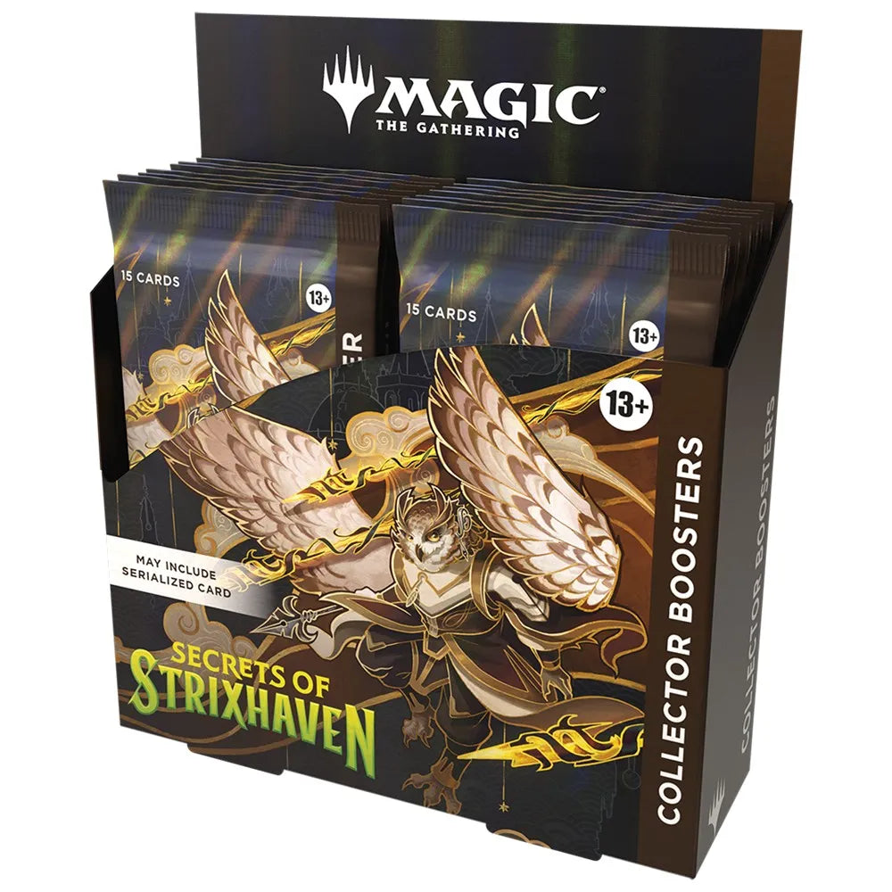 Collection of 'Secrets of Strixhaven' trading card game booster packs with 'Magic: The Gathering' branding.