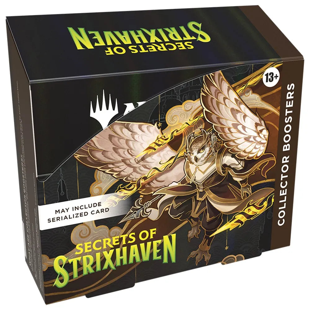 Card game box for 'Secrets of Strixhaven' with a fantasy design on a black background.