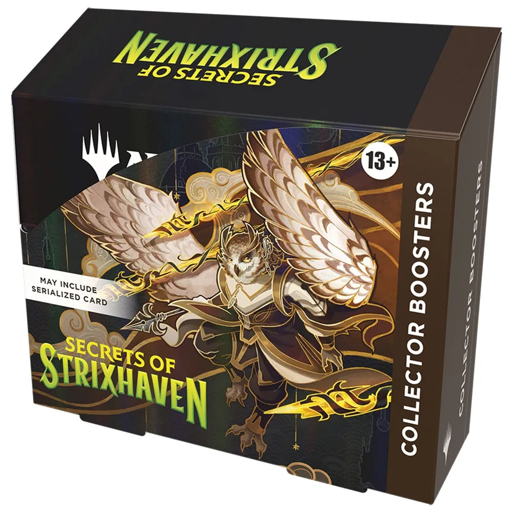 Card game box for 'Secrets of Strixhaven' with fantasy artwork on a white background