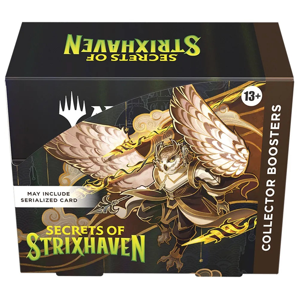 Card game box for 'Secrets of Strixhaven' with winged creature illustration on a black background.