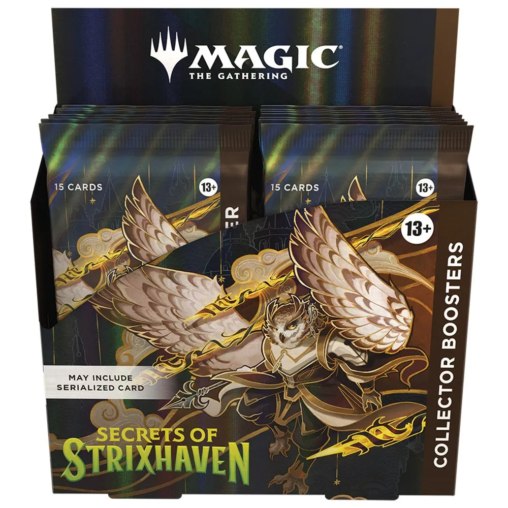 Packaging of 'Secrets of Strixhaven' collector boosters for 'Magic: The Gathering' with an owl and winged creature design.