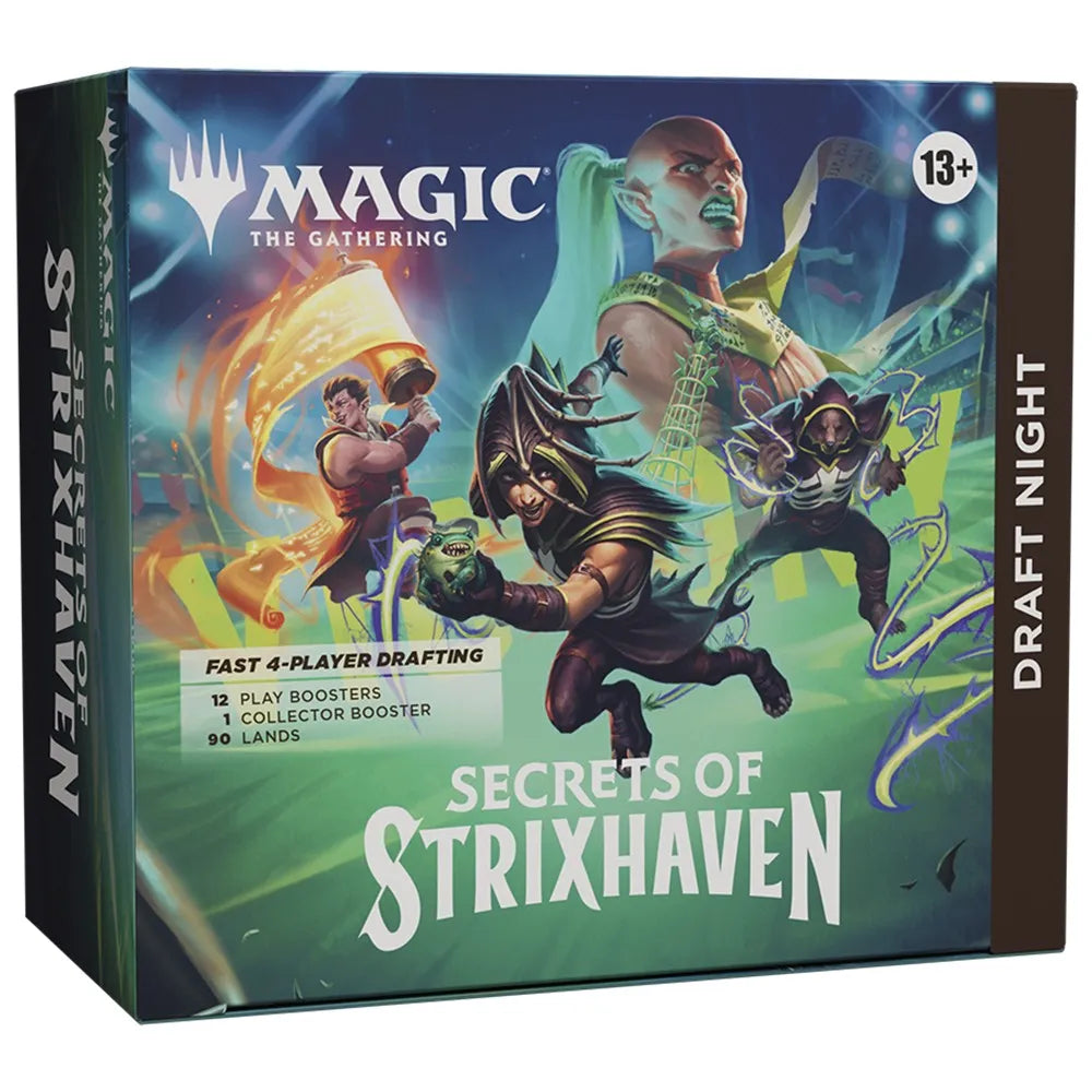 Box of 'Secrets of Strixhaven' from Magic: The Gathering with fantasy characters on the cover.