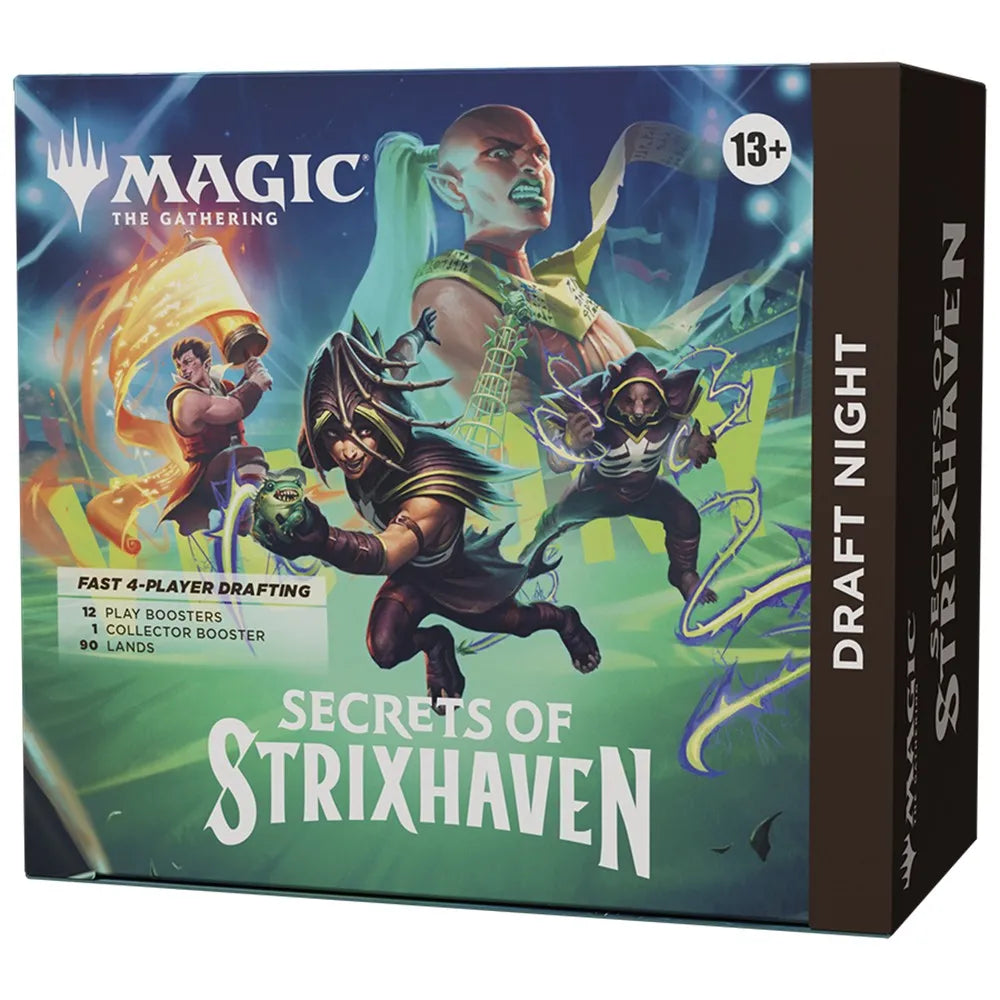 Box of 'Secrets of Strixhaven' from Magic: The Gathering with fantasy characters on a blue and green background.