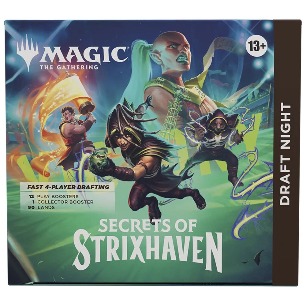 Box of 'Secrets of Strixhaven' from 'Magic: The Gathering' with characters and game details.
