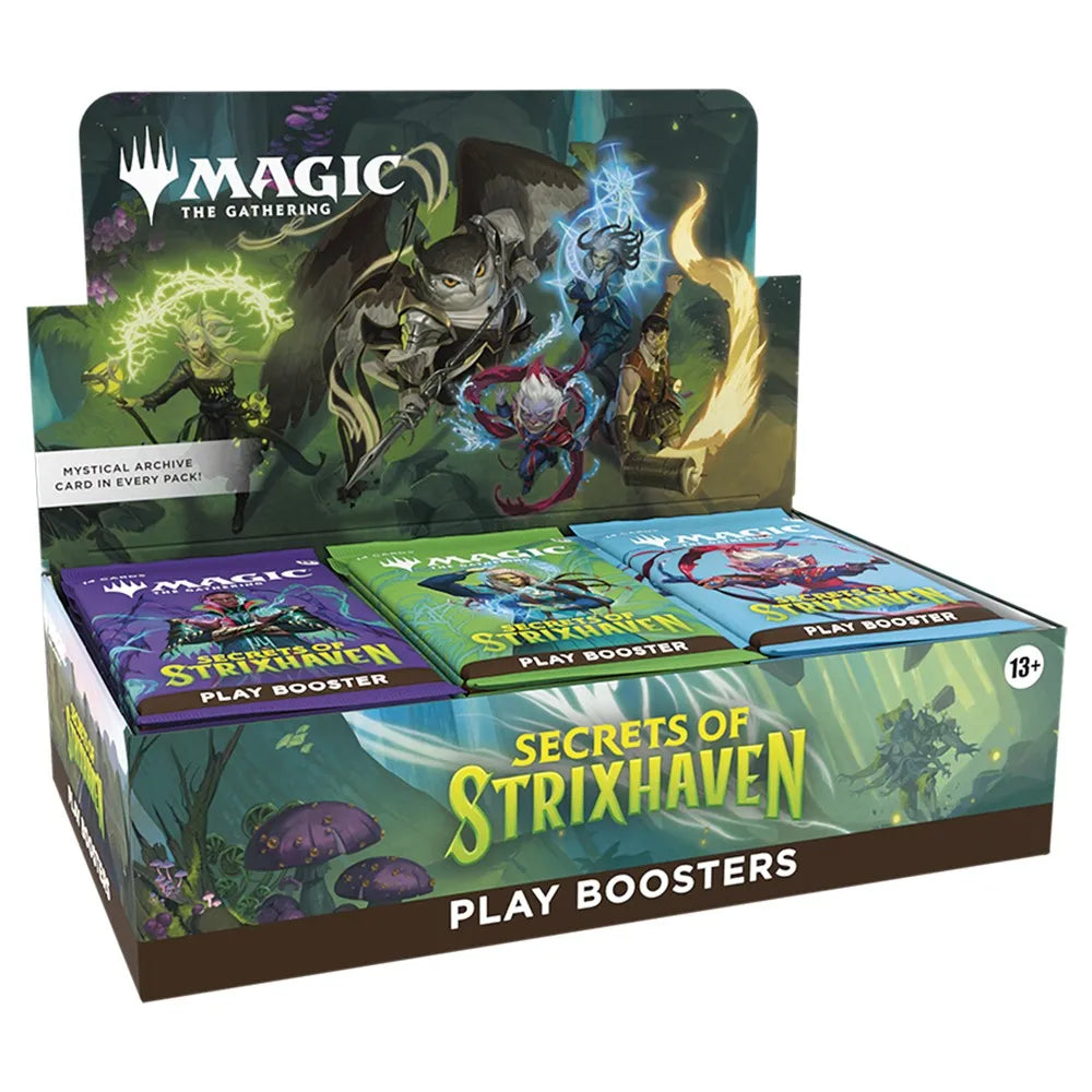 Box of 'Secrets of Strixhaven' play boosters for 'Magic: The Gathering' on a white background
