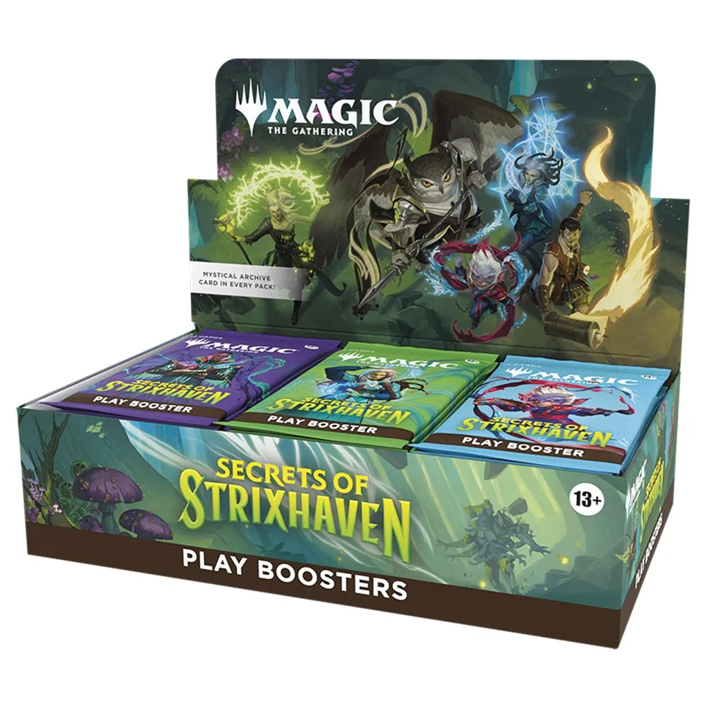Box of 'Secrets of Strixhaven' play boosters for Magic: The Gathering on a white background