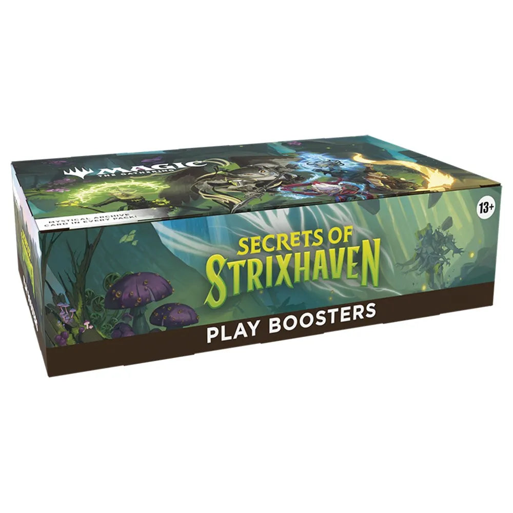 Box of 'Secrets of Strixhaven' play boosters with fantasy artwork on a white background