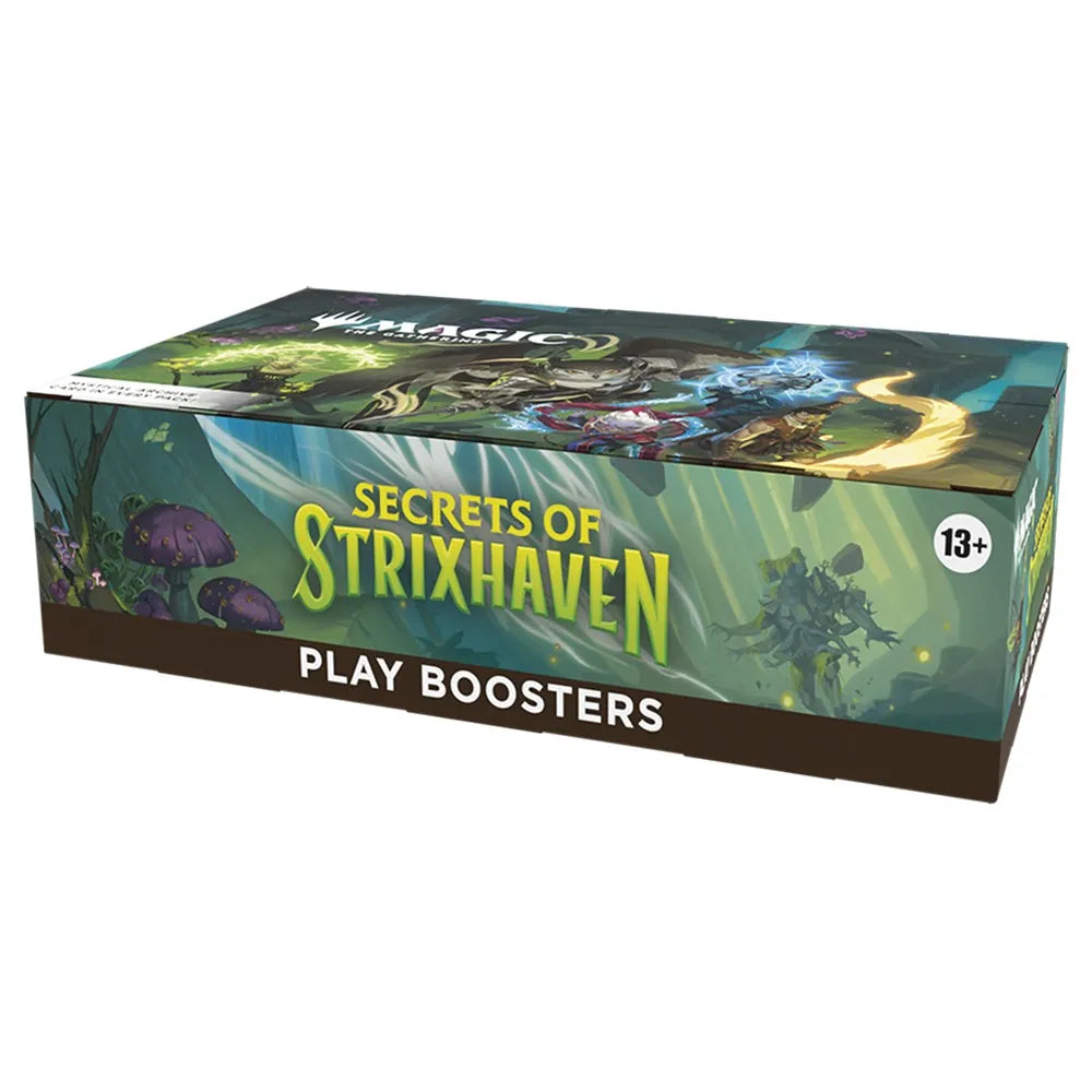Box of 'Secrets of Strixhaven' play boosters with fantasy artwork on a white background