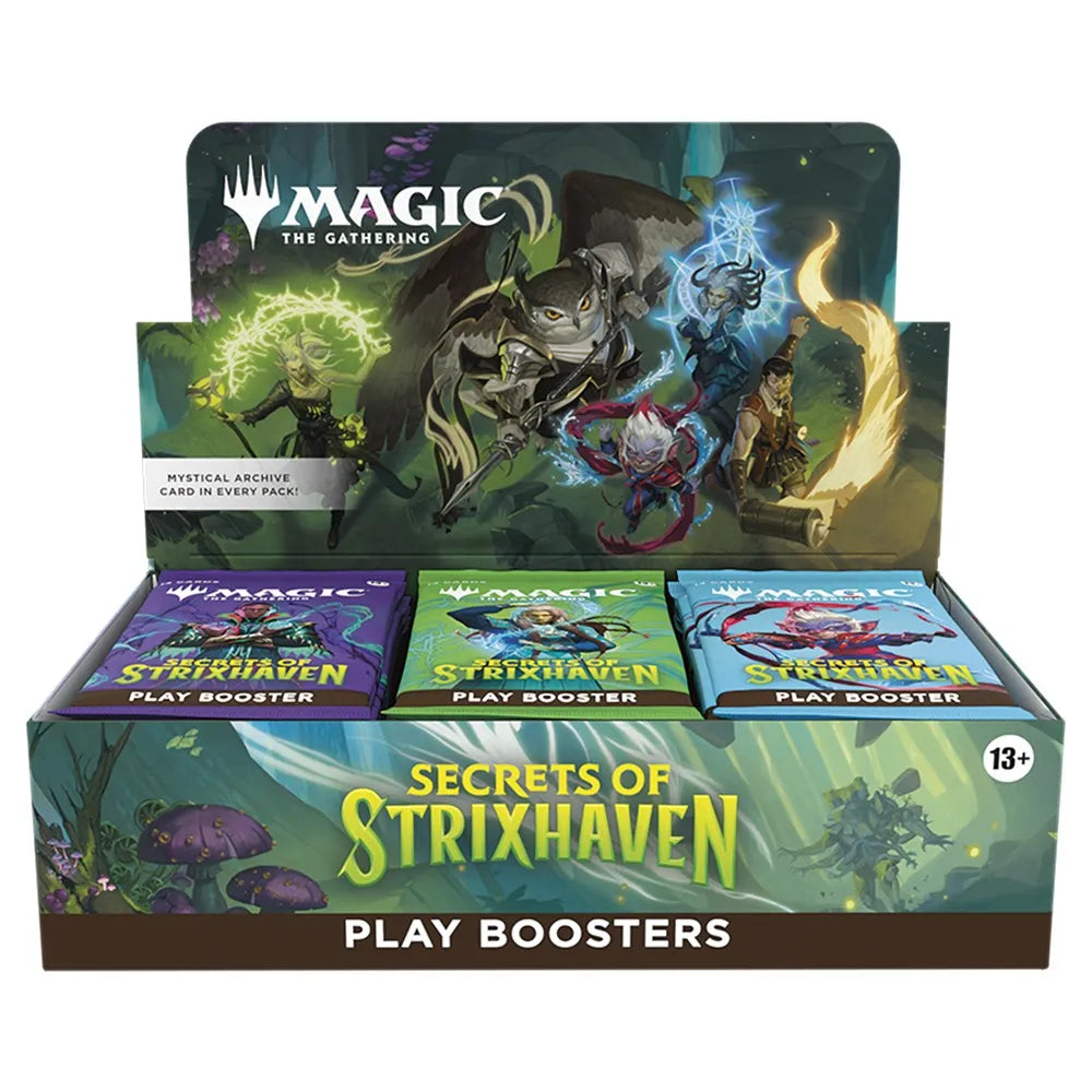 Box of 'Secrets of Strixhaven' play boosters for 'Magic: The Gathering' on a white background
