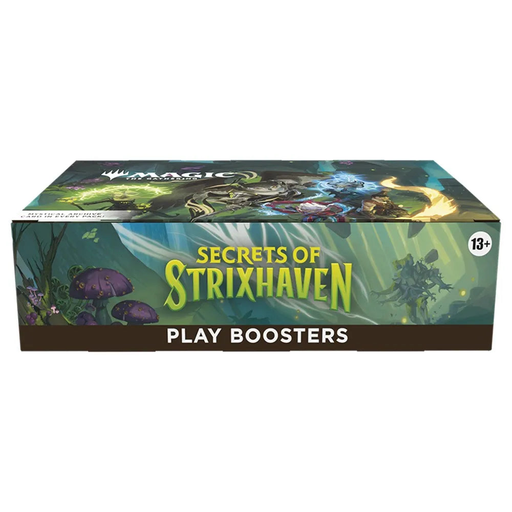 Sealed box of 'Secrets of Strixhaven' play boosters with fantasy artwork on a white background