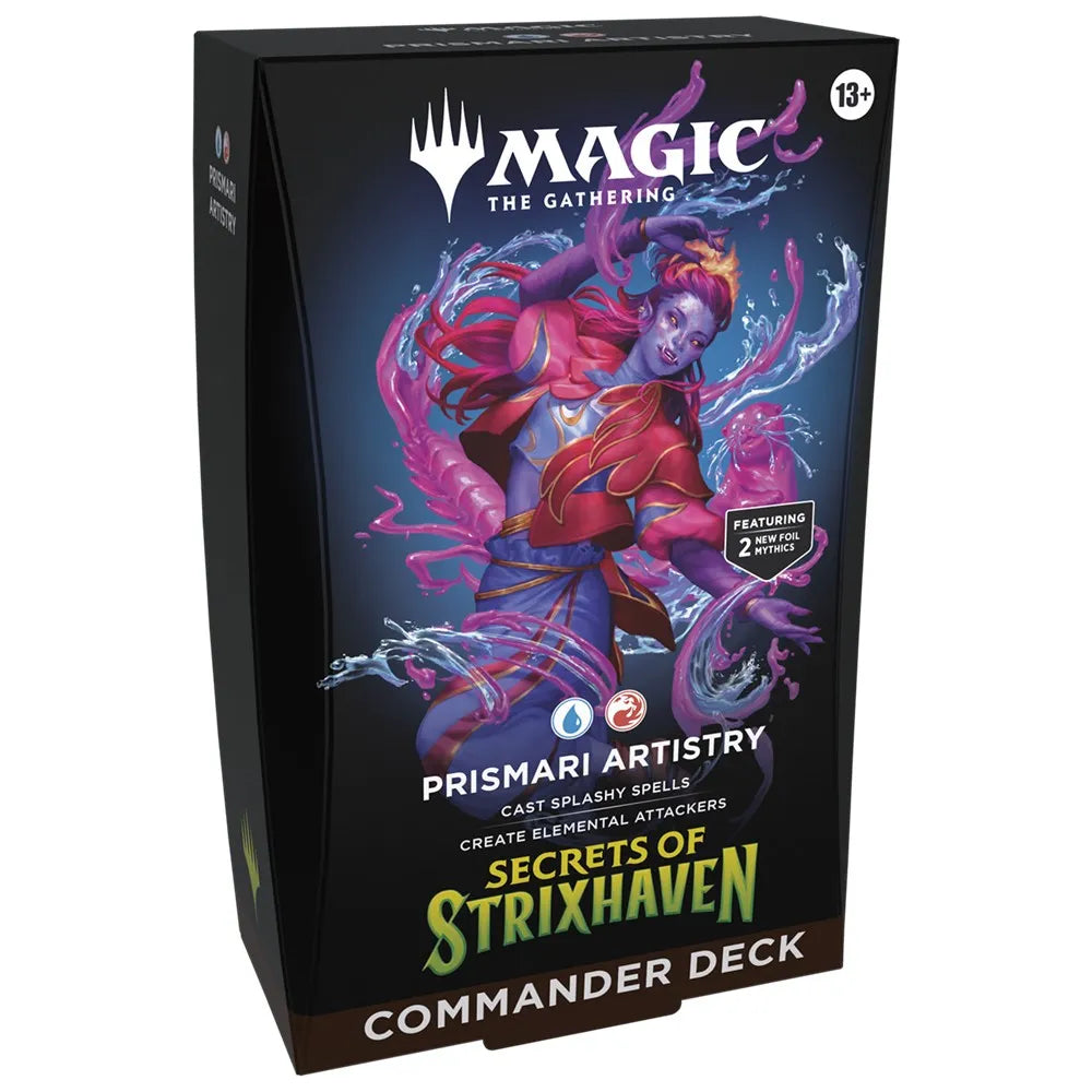 Card game box for 'Secrets of Strixhaven' Commander Deck with artwork on a white background