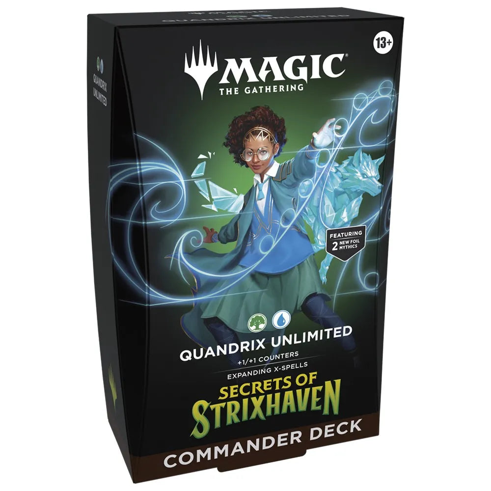 Card game box for 'Magic: The Gathering' featuring a character from 'Secrets of Strixhaven'.