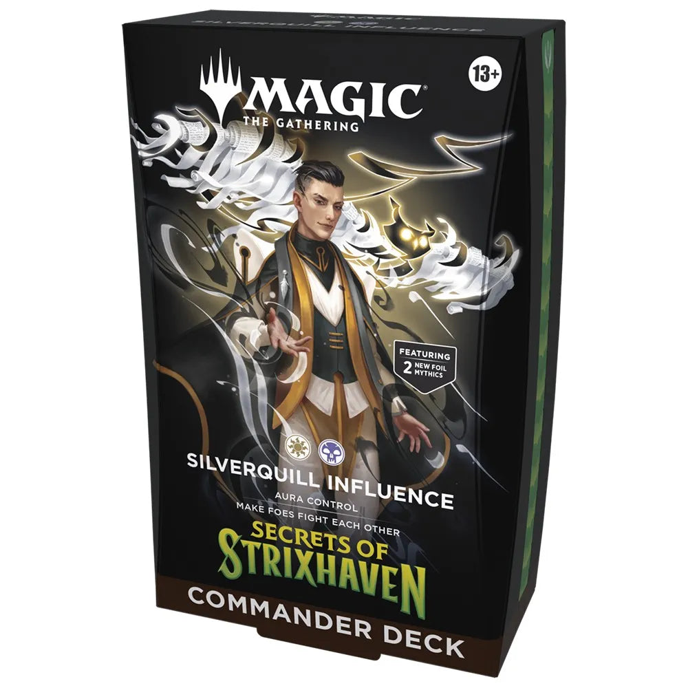 Card game box for 'Magic: The Gathering' featuring a character and game text on a black background.