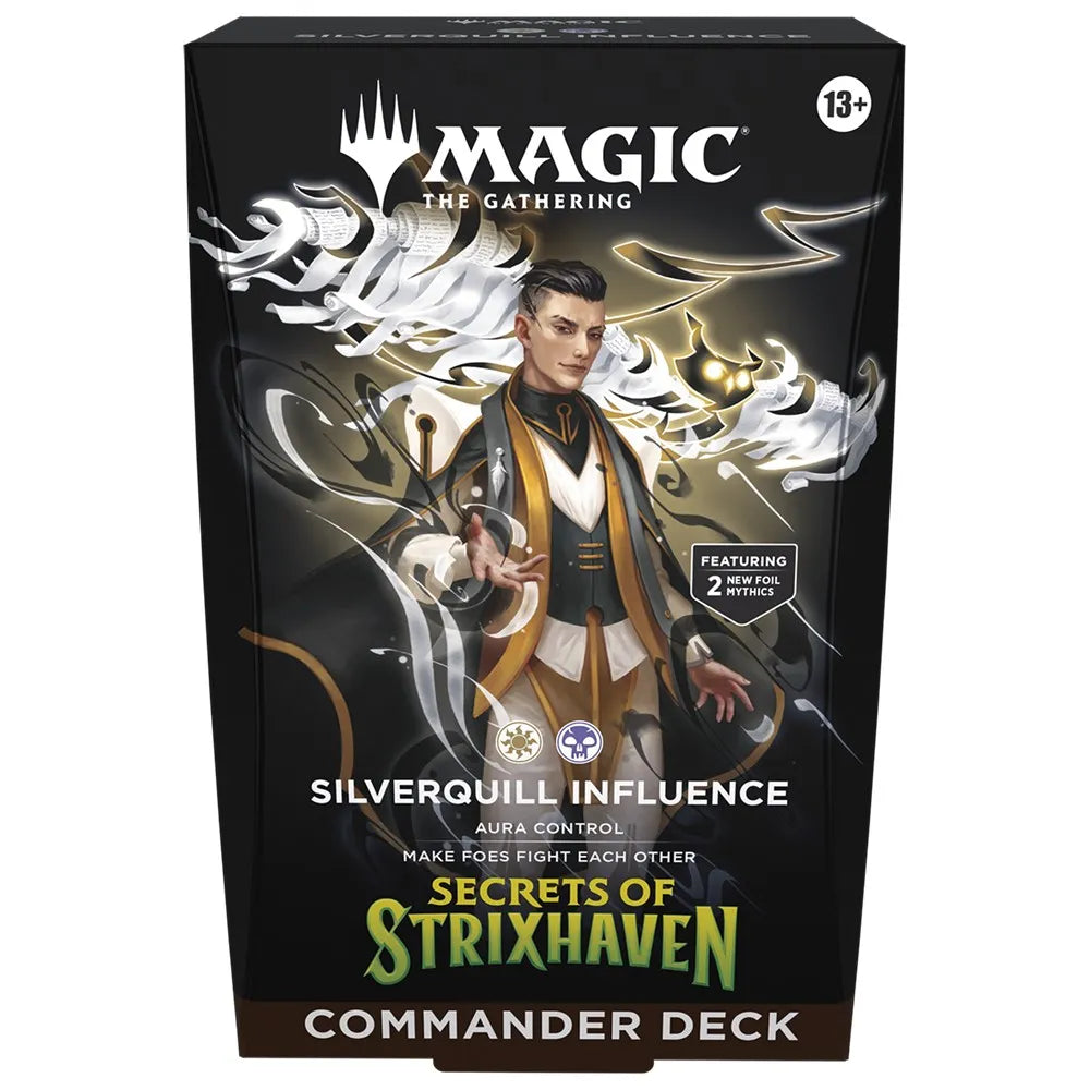 Card game box for 'Secrets of Strixhaven' Commander Deck featuring a character with wings.