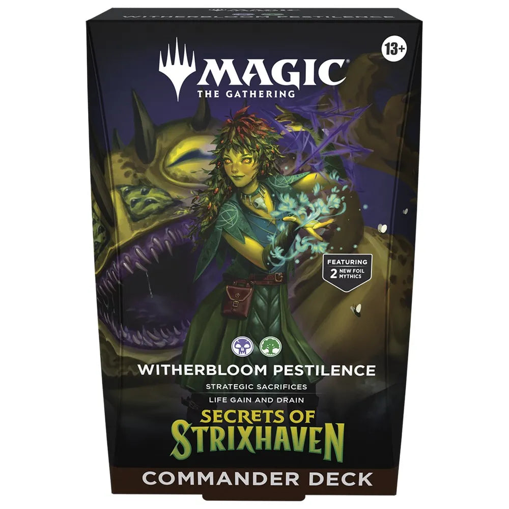 Card game box for 'Witherbloom Pestilence' from 'Magic: The Gathering' with a character illustration on a dark background.
