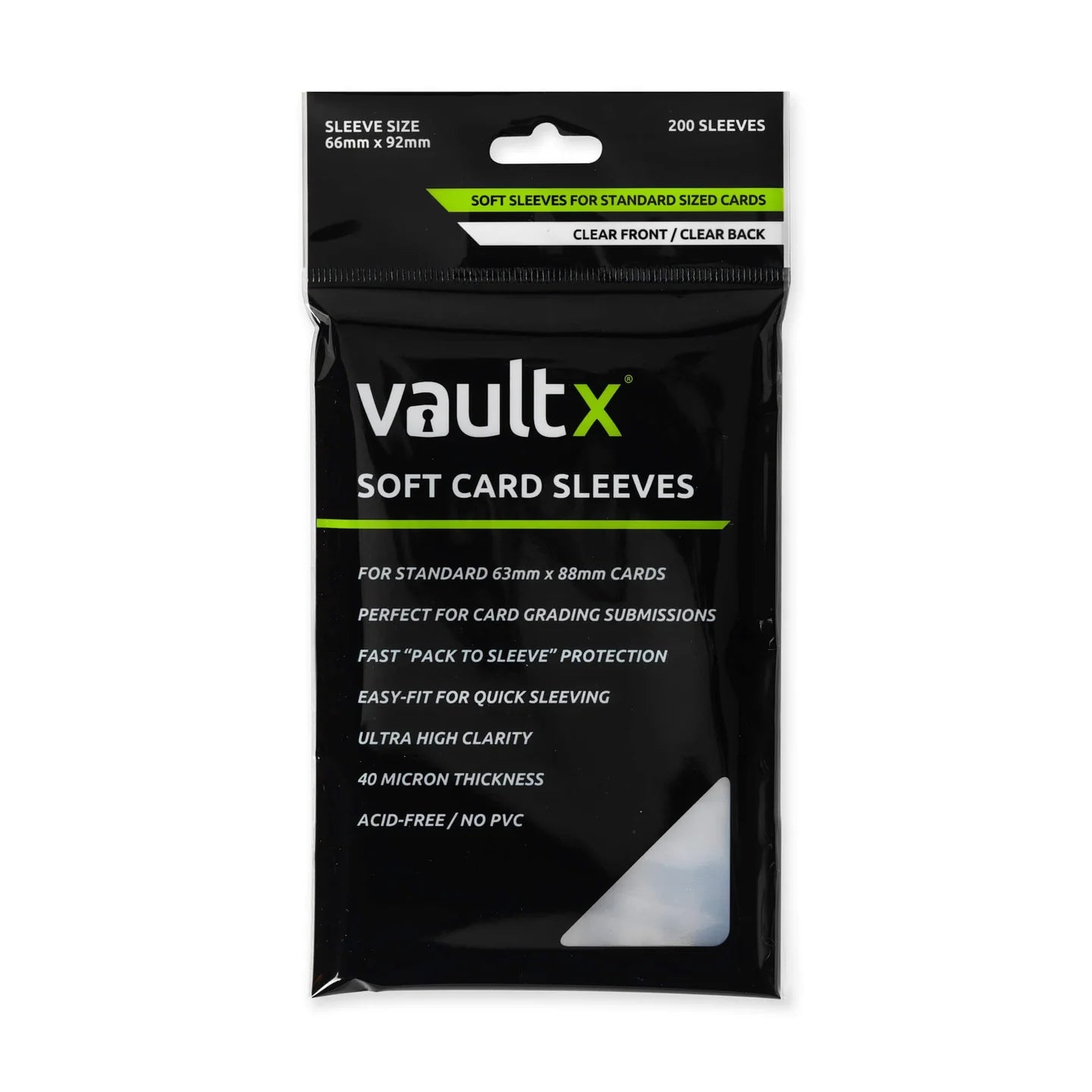 Pack of Vaultx soft card sleeves with clear front and back on a white background