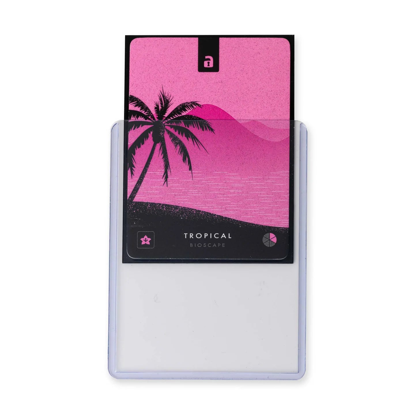 Phone case with pink design featuring a palm tree and mountain on a white background